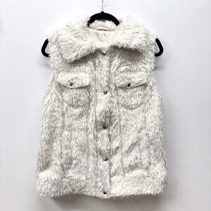 Guess Shaggy Faux Fur Vest, Size Medium, White with Pinkish Lining Snaps Pockets